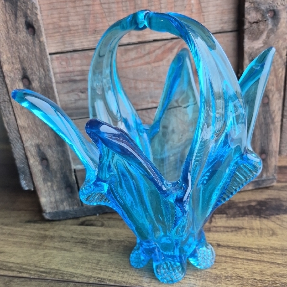 Vintage Blue Art Glass Basket